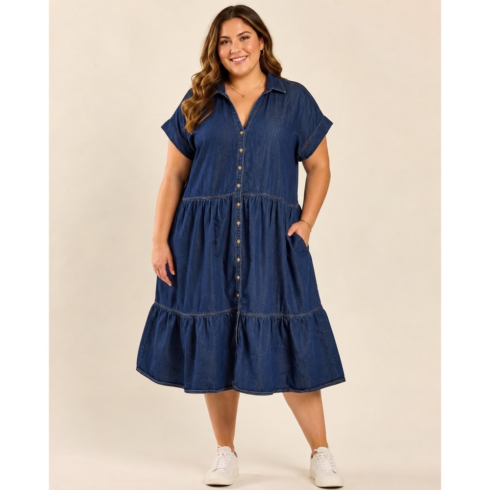 Women Denim Shirt Dress 2X Tiered Midi Blue Short Sleeve Button Front